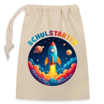 Lustige Bubble Rakete mit Planeten - Schulstarter - Verschließbarer Geschenkbeutel aus Baumwolle (14x20cm) - Natur - Vorne