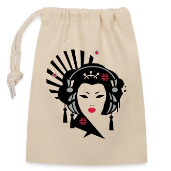 Geisha mit Kopfhörer - Verschließbarer Geschenkbeutel aus Baumwolle (14x20cm) - Natur - Vorne