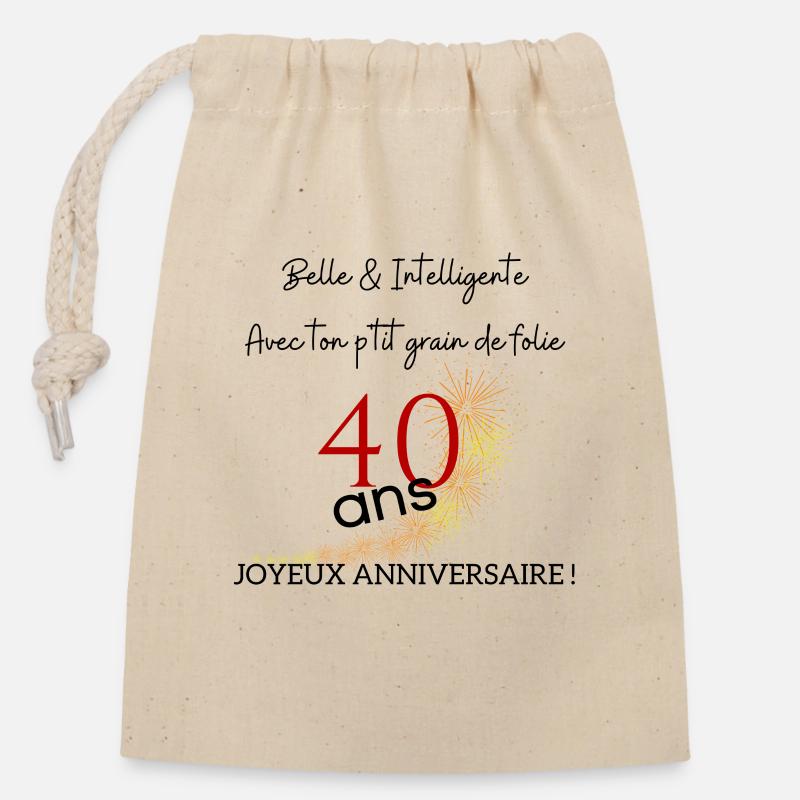 anniversaire 40 ans - Sac cadeau en coton avec cordon (14 x 20 cm) - nature