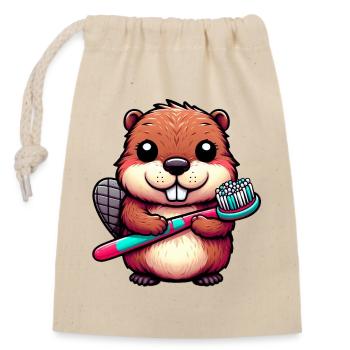 Beaver - Closable cotton gift bag (14x20cm) - nature - Front