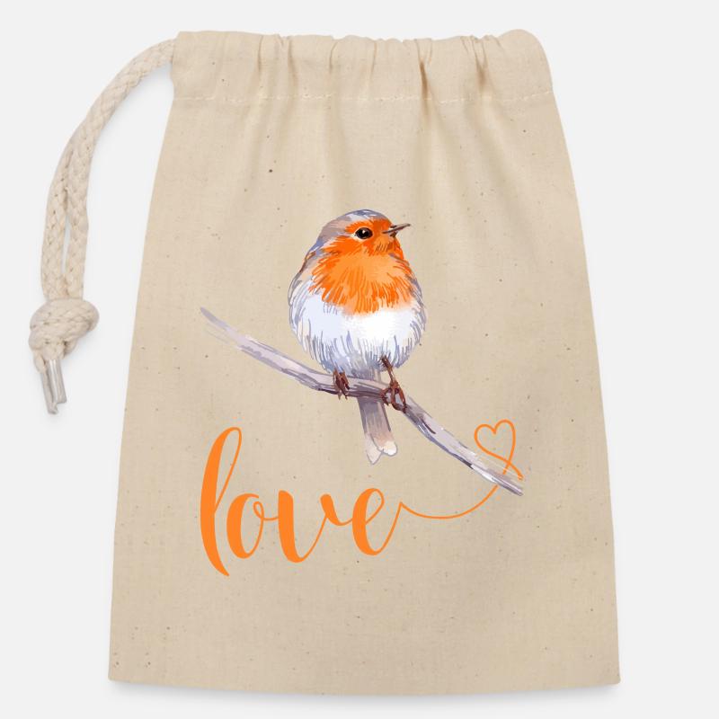 Robin avec texte d’amour - Sac cadeau en coton avec cordon (14 x 20 cm) - nature