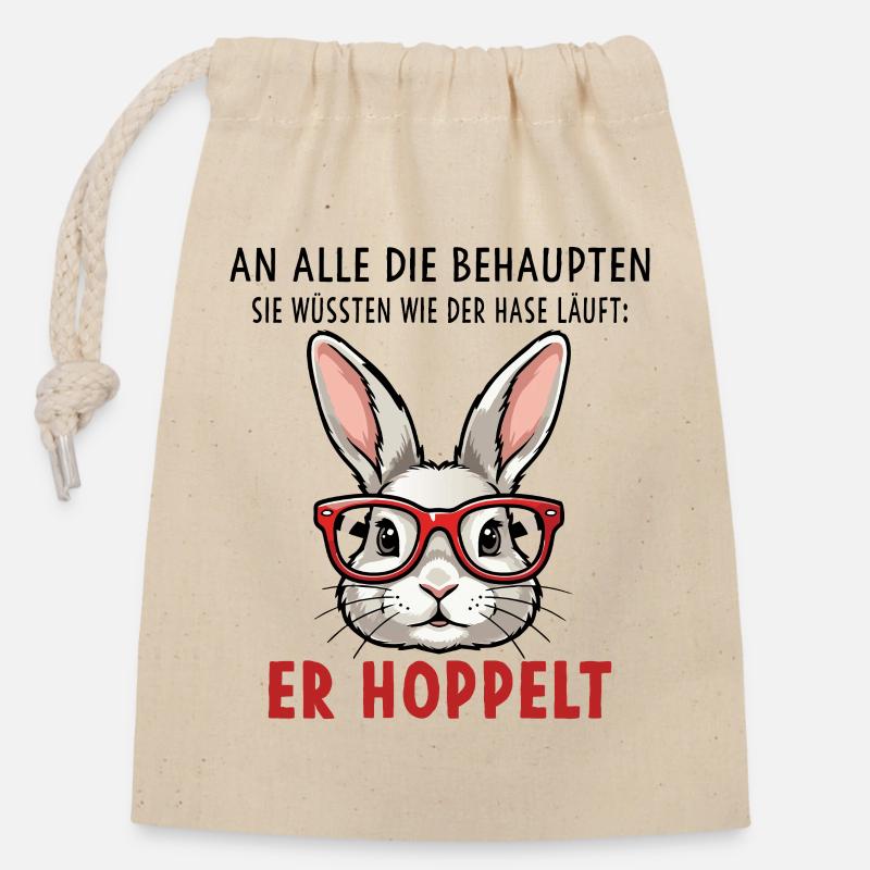 Hase mit Brille Lustiger Spruch Er Hoppelt Wortwit - Verschließbarer Geschenkbeutel aus Baumwolle (14x20cm) - Natur