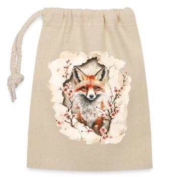 Fuchs mit Kirschblüten - Verschließbarer Geschenkbeutel aus Baumwolle (14x20cm) - Natur - Vorne