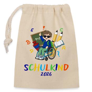 Schulkind 2026: Bunte Inklusion - Verschließbarer Geschenkbeutel aus Baumwolle (14x20cm) - Natur - Vorne