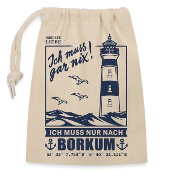 Borkum Urlaub Nordseeinsel Hafen Strand Leuchtturm - Verschließbarer Geschenkbeutel aus Baumwolle (14x20cm) - Natur - Vorne
