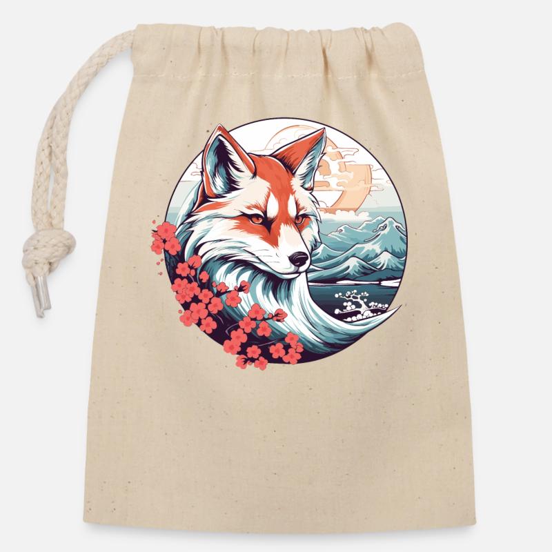 Anime Japan Kitsune Fuchs - Verschließbarer Geschenkbeutel aus Baumwolle (14x20cm) - Natur
