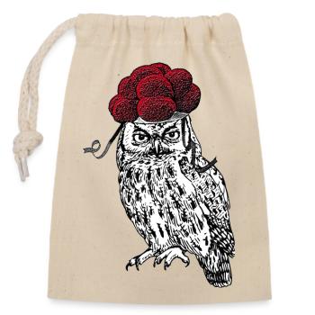 🦉 Eule mit Bollenhut 🌳 - Verschließbarer Geschenkbeutel aus Baumwolle (14x20cm) - Natur - Vorne