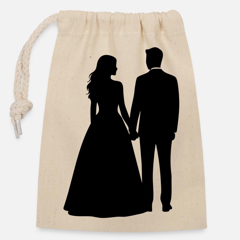Silhouette du couple de mariés – Design noir et blanc - Sac cadeau en coton avec cordon (14 x 20 cm) - nature