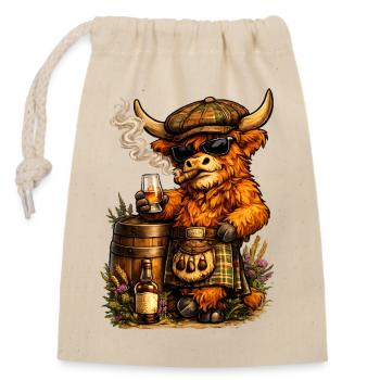 Bétail des Highlands avec fût de whisky, cigare et kilt - Sac cadeau en coton avec cordon (14 x 20 cm) - nature - Devant