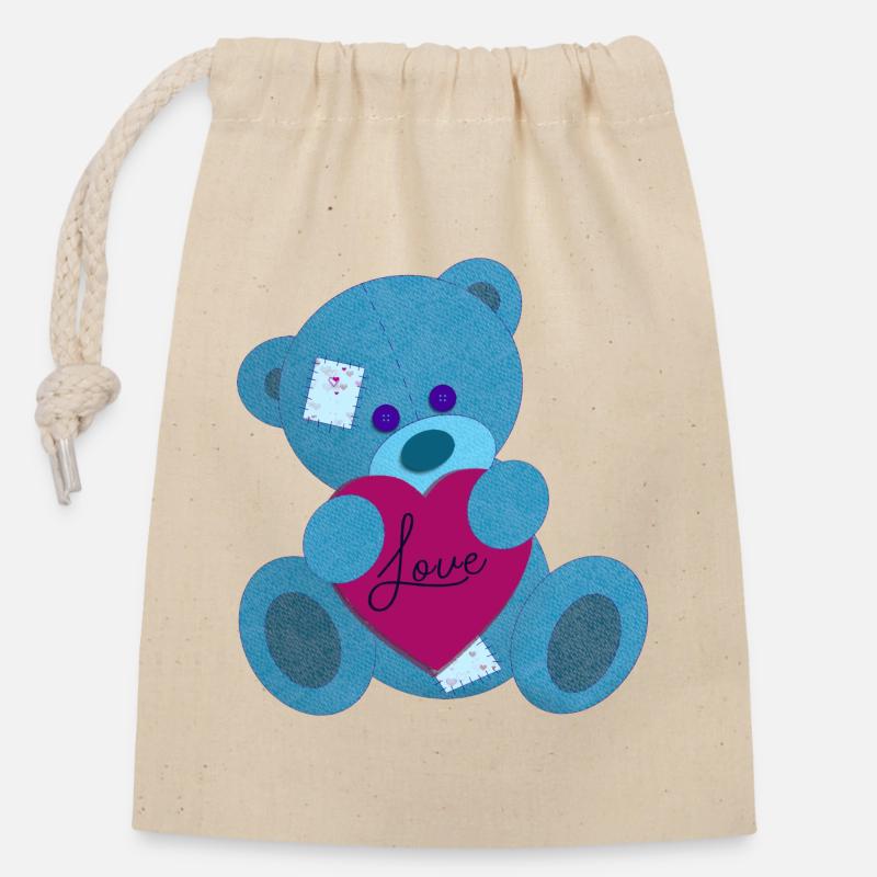 Bear in love - Closable cotton gift bag (14x20cm) - nature