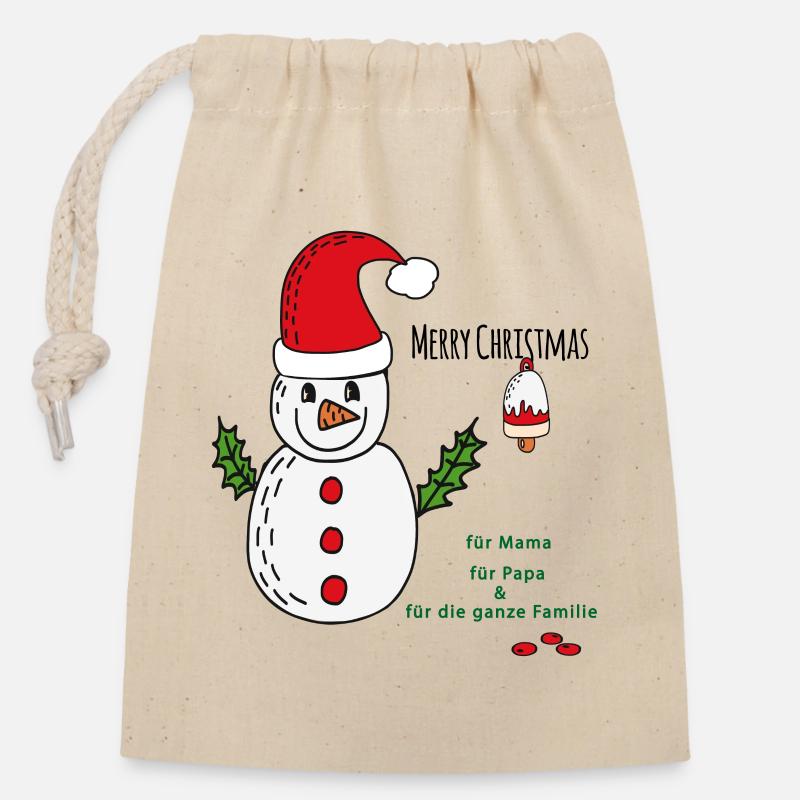 Schneemann Merry Christmas - Verschließbarer Geschenkbeutel aus Baumwolle (14x20cm) - Natur