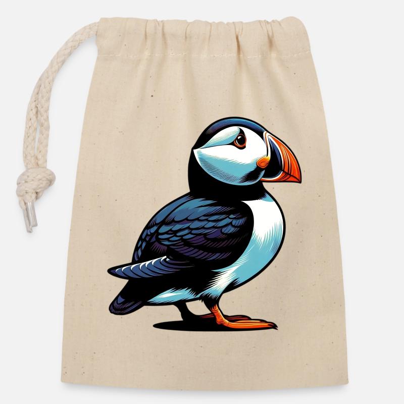 Macareux - Sac cadeau en coton avec cordon (14 x 20 cm) - nature