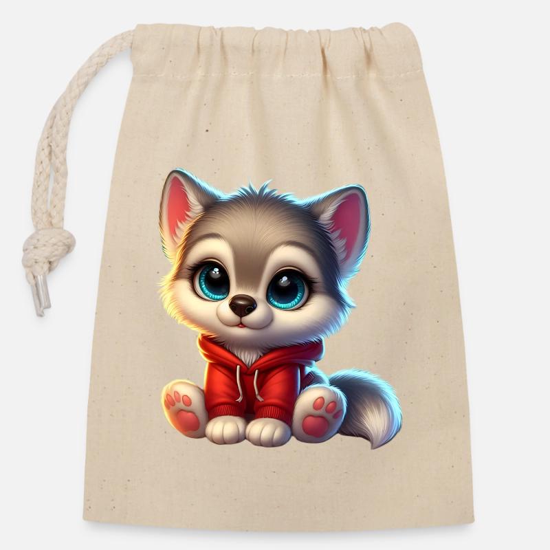 wolf 2 - Sac cadeau en coton avec cordon (14 x 20 cm) - nature