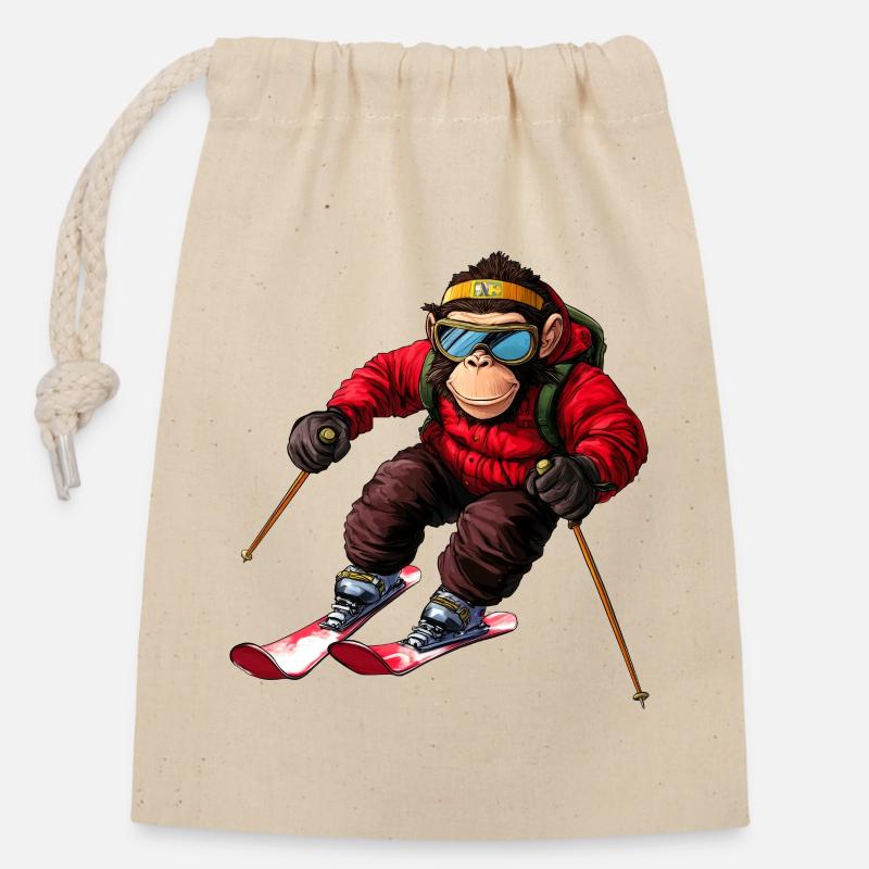 Ski Affe - Verschließbarer Geschenkbeutel aus Baumwolle (14x20cm) - Natur
