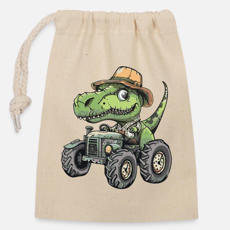Dinosaurier T-Rex Traktor Farmer - Verschließbarer Geschenkbeutel aus Baumwolle (14x20cm) - Natur