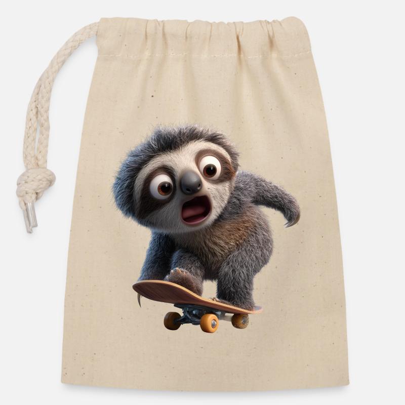 Sloth on Skateboard Funny Slow Cool - Closable cotton gift bag (14x20cm) - nature