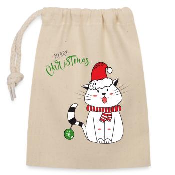 Chat de Noël avec le Chapeau de Père Noël - Sac cadeau en coton avec cordon (14 x 20 cm) - nature - Devant