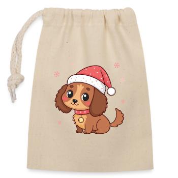 Chiot Noël au Chapeau Rouge - Sac cadeau en coton avec cordon (14 x 20 cm) - nature - Devant