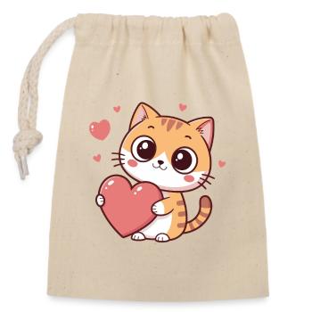Chat cœur kawaii amoureuse - Sac cadeau en coton avec cordon (14 x 20 cm) - nature - Devant