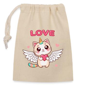 Chat Licorne ailé et cœur enchanté - Sac cadeau en coton avec cordon (14 x 20 cm) - nature - Devant