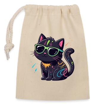 Chat noir néon et lunettes - Sac cadeau en coton avec cordon (14 x 20 cm) - nature - Devant