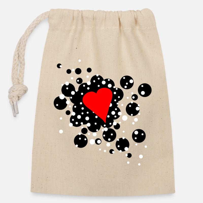 Red heart with black and white dots - Closable cotton gift bag (14x20cm) - nature
