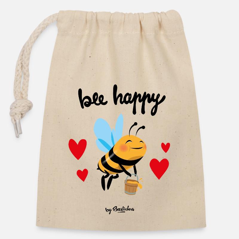 Bee happy black - Sac cadeau en coton avec cordon (14 x 20 cm) - nature