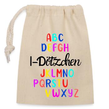 ABC buntes Alphabet I-Dötzchen zur Einschulung - Verschließbarer Geschenkbeutel aus Baumwolle (14x20cm) - Natur - Vorne