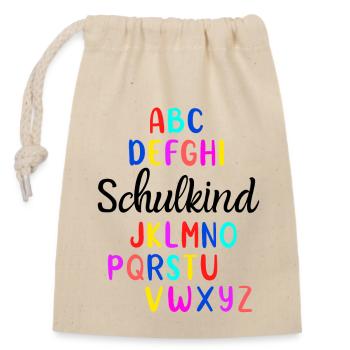 ABC buntes Alphabet " Schulkind " zur Einschulung - Verschließbarer Geschenkbeutel aus Baumwolle (14x20cm) - Natur - Vorne