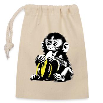 Playful monkey motif with banana - Closable cotton gift bag (14x20cm) - nature - Front