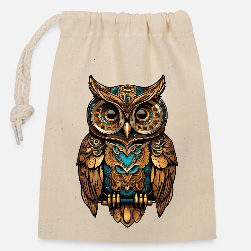Hibou steampunk - Sac cadeau en coton avec cordon (14 x 20 cm) - nature