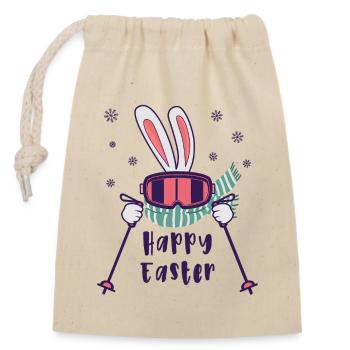 Happy Easter from Skiing Rabbit with ski poles - Closable cotton gift bag (14x20cm) - nature - Front