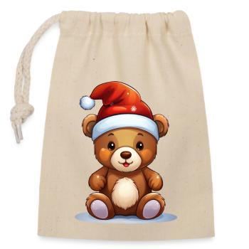 Noël – Ours en peluche avec chapeau de Père Noël - Sac cadeau en coton avec cordon (14 x 20 cm) - nature - Devant