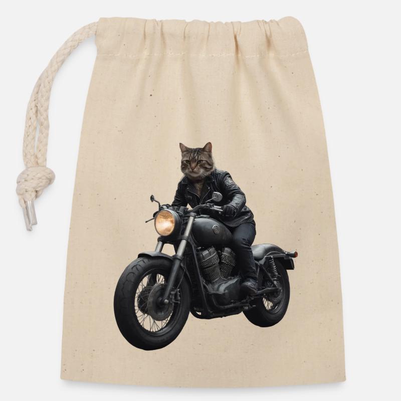 Biker Katze - Verschließbarer Geschenkbeutel aus Baumwolle (14x20cm) - Natur