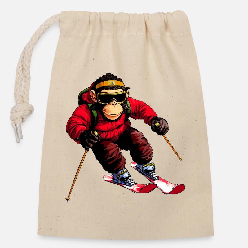 Singe de ski - Sac cadeau en coton avec cordon (14 x 20 cm) - nature