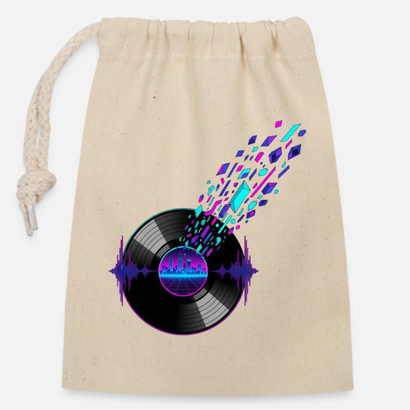 Vinyle rétro et conception numérique de la ligne d’horizon - Sac cadeau en coton avec cordon (14 x 20 cm) - nature