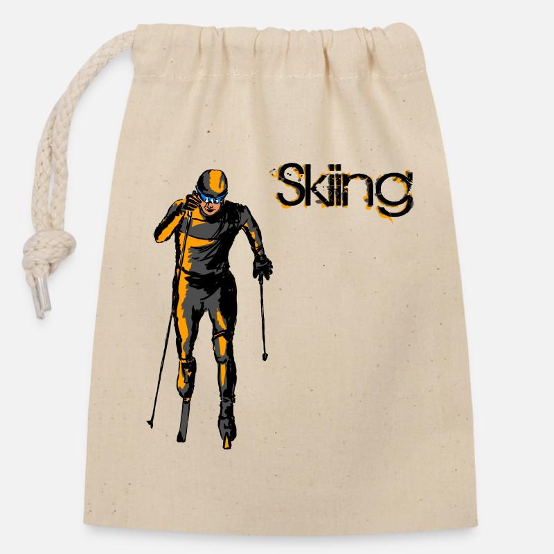 Ski de fond - Sac cadeau en coton avec cordon (14 x 20 cm) - nature