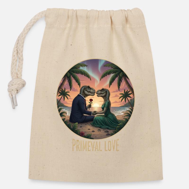 Romance Dino d’amour primitif - Sac cadeau en coton avec cordon (14 x 20 cm) - nature