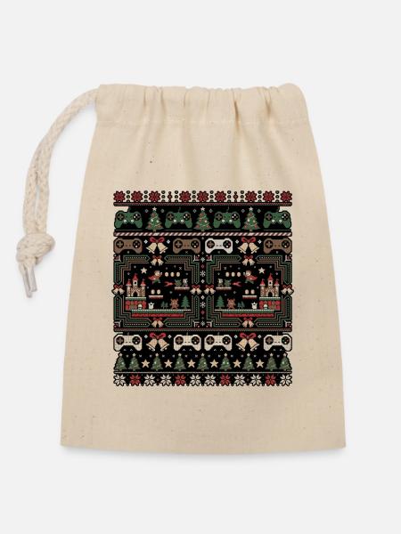 Weihnachts Gamer Strickdesign - Verschließbarer Geschenkbeutel aus Baumwolle (14x20cm) - Natur