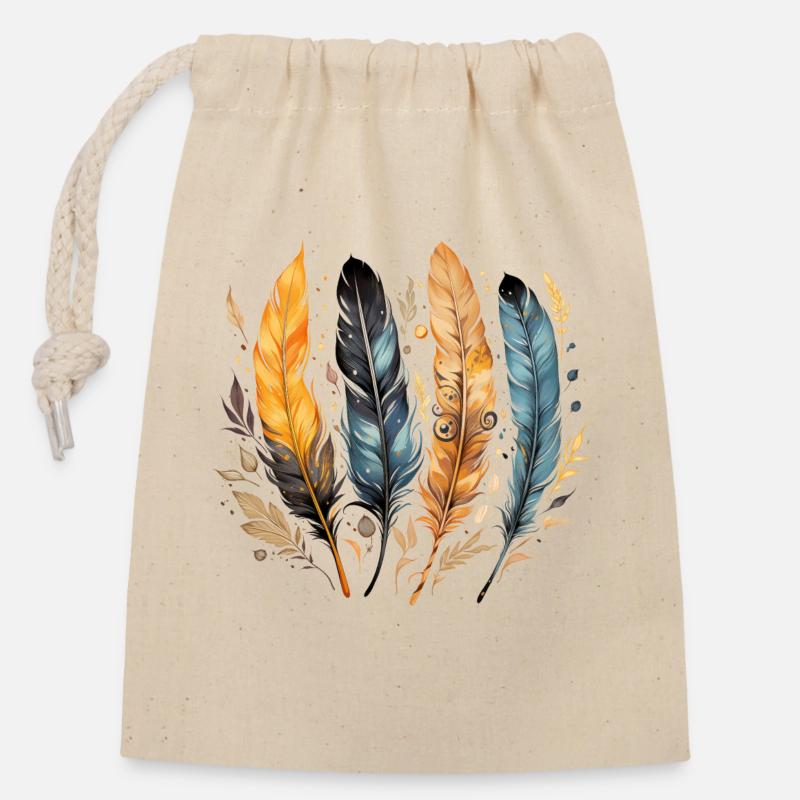 4 single bird feathers side by side, Native American - Closable cotton gift bag (14x20cm) - nature
