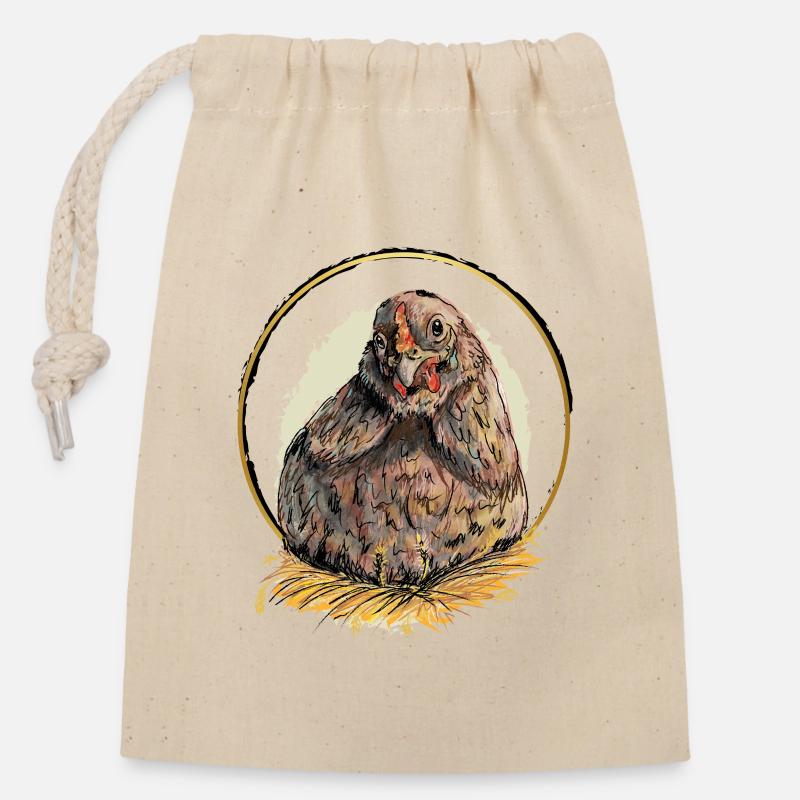 Poule dans le nid d’or - Sac cadeau en coton avec cordon (14 x 20 cm) - nature