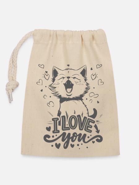 Cute Kitty in Grey - I love you - Closable cotton gift bag (14x20cm) - nature