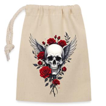 Geflügelter Totenkopf & rote Rosen, Gothic, Totenkopf - Verschließbarer Geschenkbeutel aus Baumwolle (14x20cm) - Natur - Vorne
