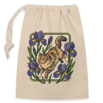 Elegante Katze unter Irisblumen - Verschließbarer Geschenkbeutel aus Baumwolle (14x20cm) - Natur - Vorne