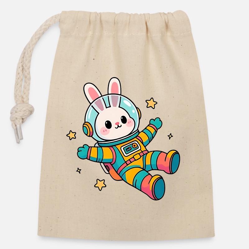 Lapin astronaute coloré - Sac cadeau en coton avec cordon (14 x 20 cm) - nature