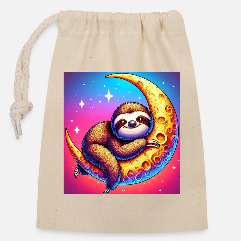 Sloth sleeps hugging the moon - Closable cotton gift bag (14x20cm) - nature