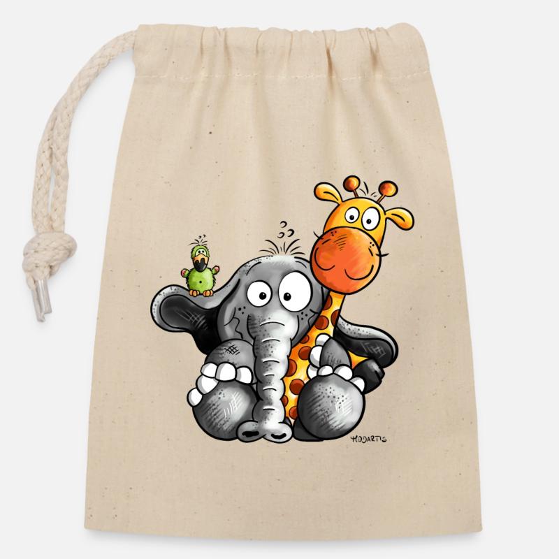 Elefant umarmt Giraffe - Verschließbarer Geschenkbeutel aus Baumwolle (14x20cm) - Natur