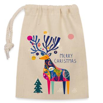Deer with Christmas baubles - Closable cotton gift bag (14x20cm) - nature - Front