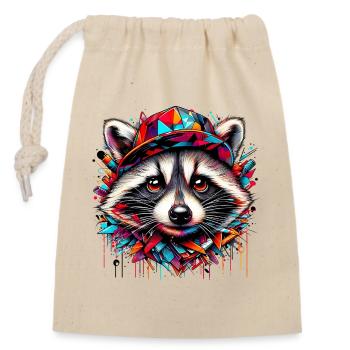 Raccoon with hat cap rap hat - Closable cotton gift bag (14x20cm) - nature - Front