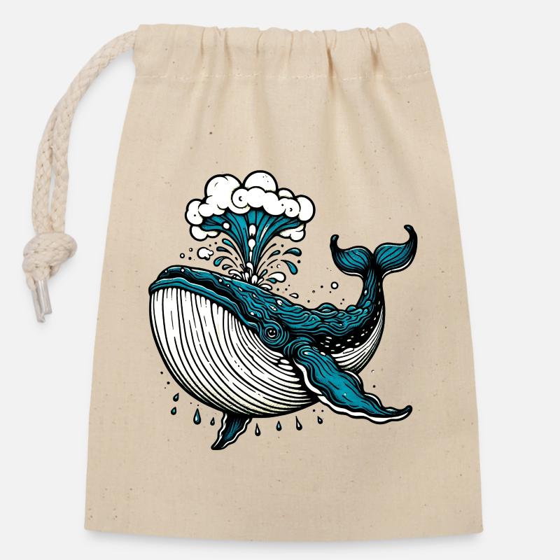 Baleine - Sac cadeau en coton avec cordon (14 x 20 cm) - nature